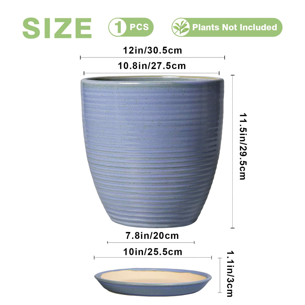 Ceramic Planter - Modern Round 12 Inch Pots for Plants with Drainage Hole and Plant Saucer for Flower Indoor, Garden
