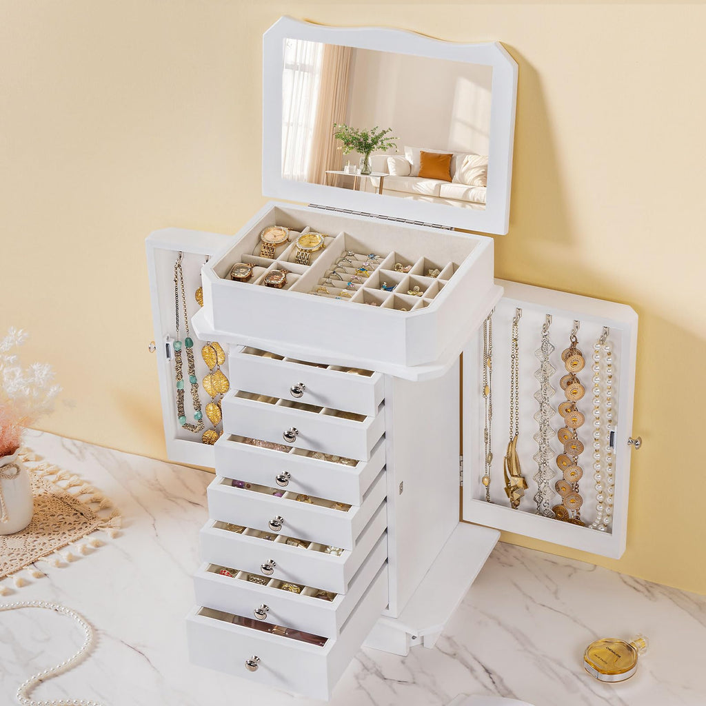 Standing Jewelry Armoire Cabinet, Large Standing Jewelry Organizer Box with Top Flip Mirror, 7 Drawers & 2 Side