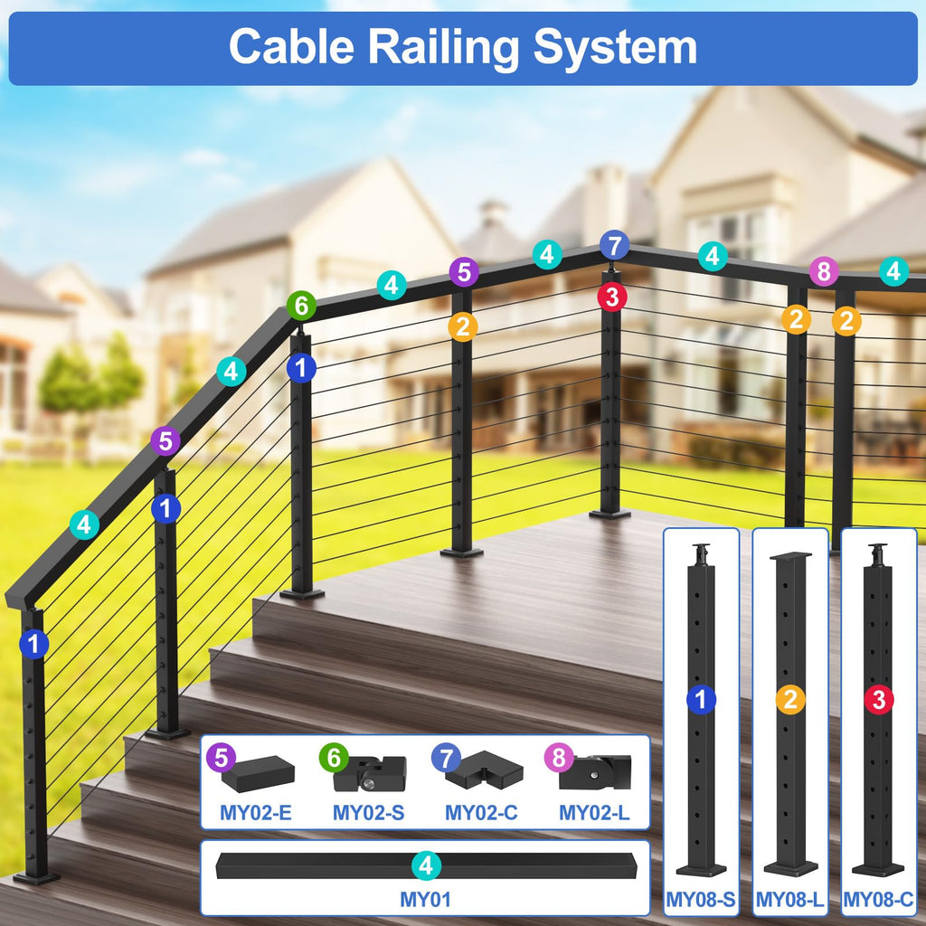 6'6'' Stainless Steel Rectangular Handrail 2 Pack, Cuttable Cable Railing Handrails System, Black Flat Top Rail with