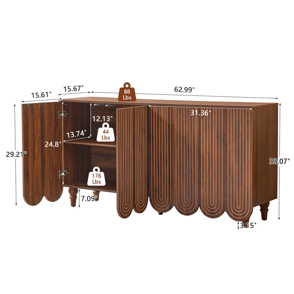 63" Buffet Cabinet with Scalloped Arched Doors, 4-Door Sideboard with Adjustable Shelves, Push-to-Open & Soft-Close
