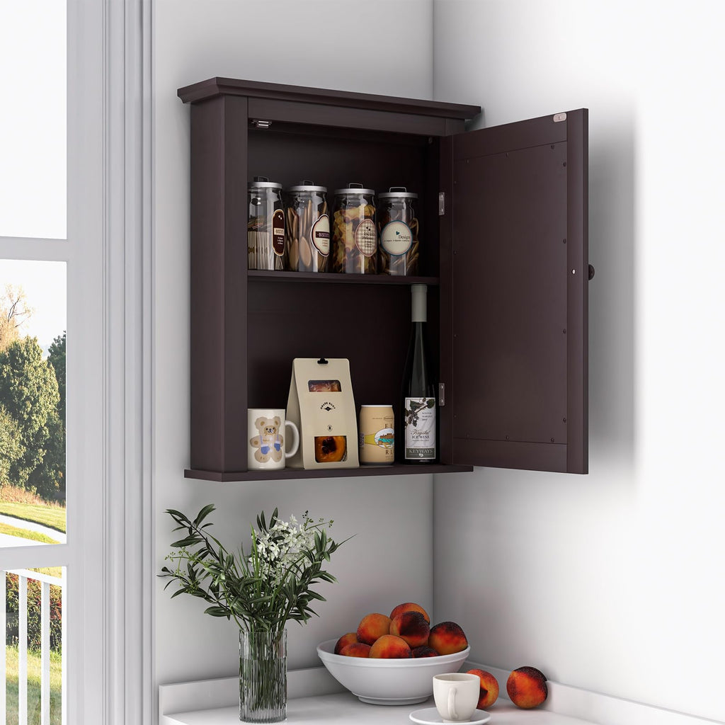 Brown Medicine Cabinet with Mirror, Wall Mounted Adjustable Storage