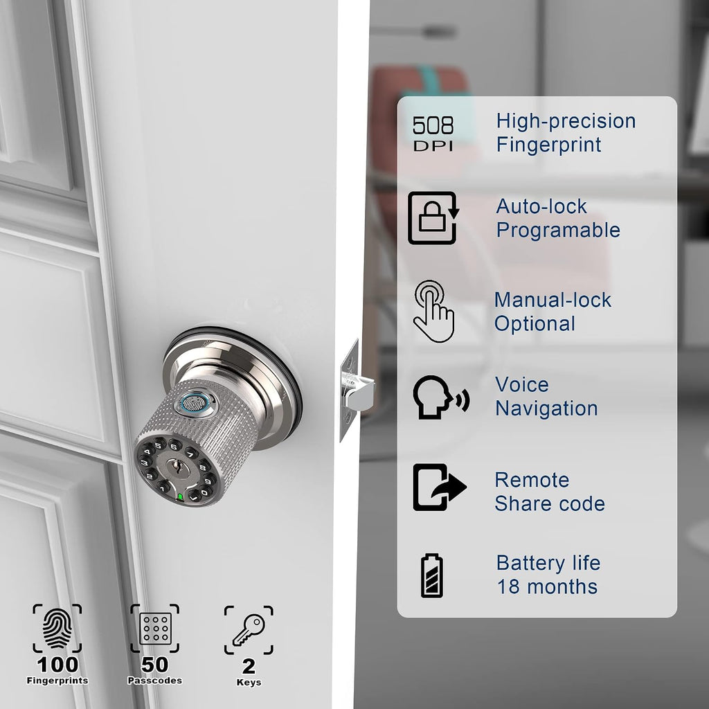 Fingerprint Door Knob with Keypad and Key,Smart Biometric Digital Lock with Voice Navigation Programming,Combination