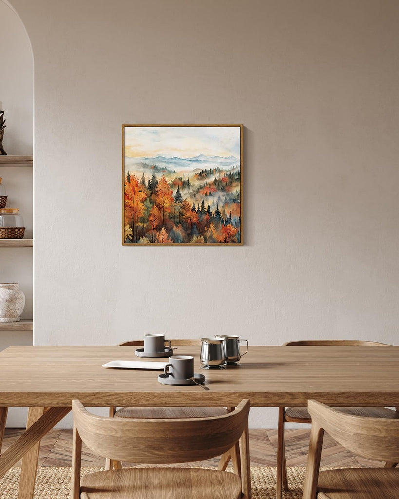 Square Framed Canvas Wall Art, Classical Scenery Prints Landscape Pine Forest In The Morning Mist, Autumn Fall Home