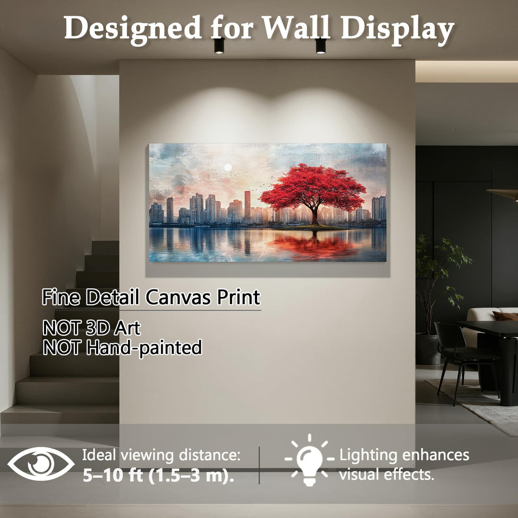 City Skyline Wall, Red Tree Landscape Large Painting 20x40in