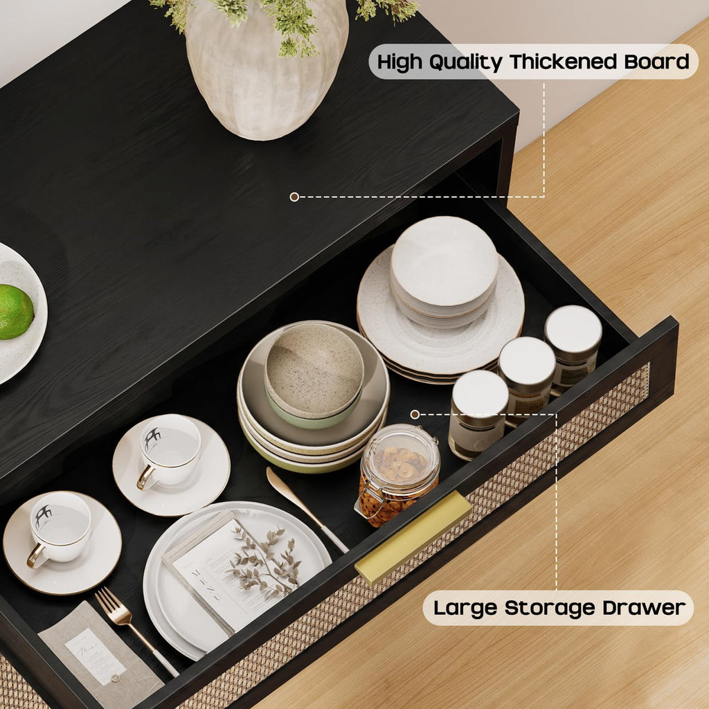 Rattan Buffet Cabinet with Storage Set of 3, Sideboard Cabinet with Doors and Shelves, Accent Coffee Bar with