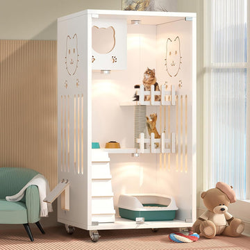 Large Wooden Cat House, Indoor Cat Condo Enclosed, Multi-Feature Luxury Cat Villa with Wheels Scratching Post, Wooden