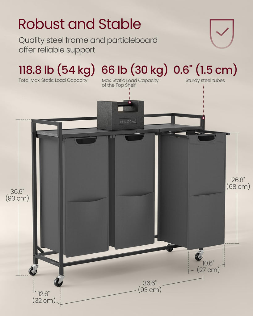 Laundry Sorter 3 Section, Rolling Cart with Shelf 43.5 Gal. (165 L)