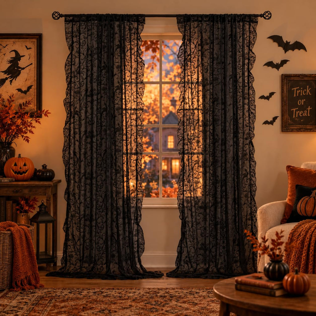 Black Ruffle Curtains 90 Inches Long - Boho Floral Semi Sheer Black Lace Curtains, Old House Tulle Rod Pocket Light