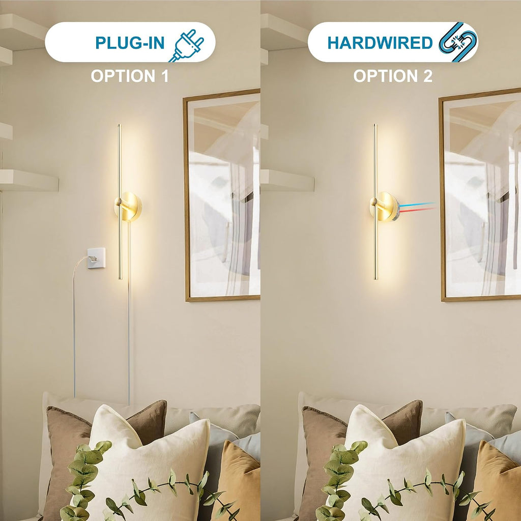 Plug in or Hardwired Linear Wall Sconce: 24 Inch LED Indoor Modern Linear Wall Lights Set of Two with On/Off Switch