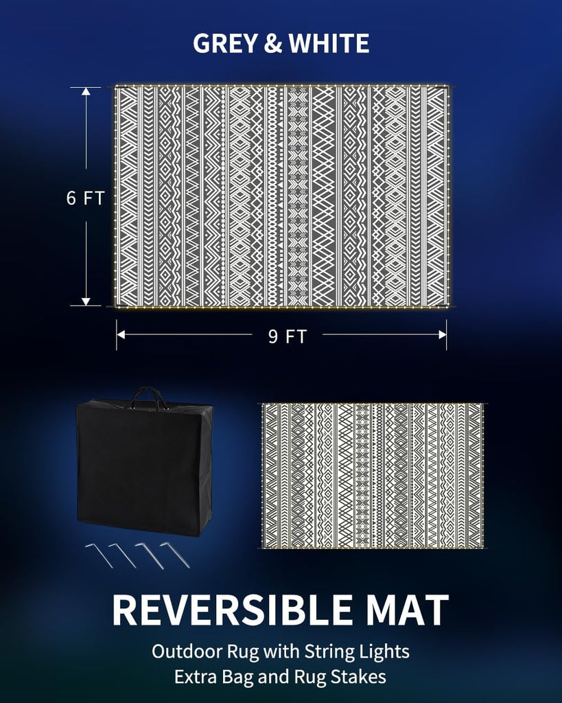 Outdoor Rug Carpet RV Camping with Led Strip Lights Waterproof Plastic Straw Rug Reversible Portable Outside