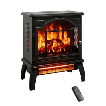 18" Electric Fireplace Stove, 1500W Freestanding Infrared Quartz Heater with 3D Realistic Flame, Remote & Timer