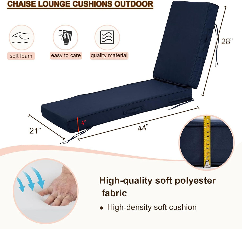 Chaise Lounge Cushions Outdoor Set of 2, Waterproof & Fade Resistant Patio Lounger Cushions, Replacement Sun Lounger