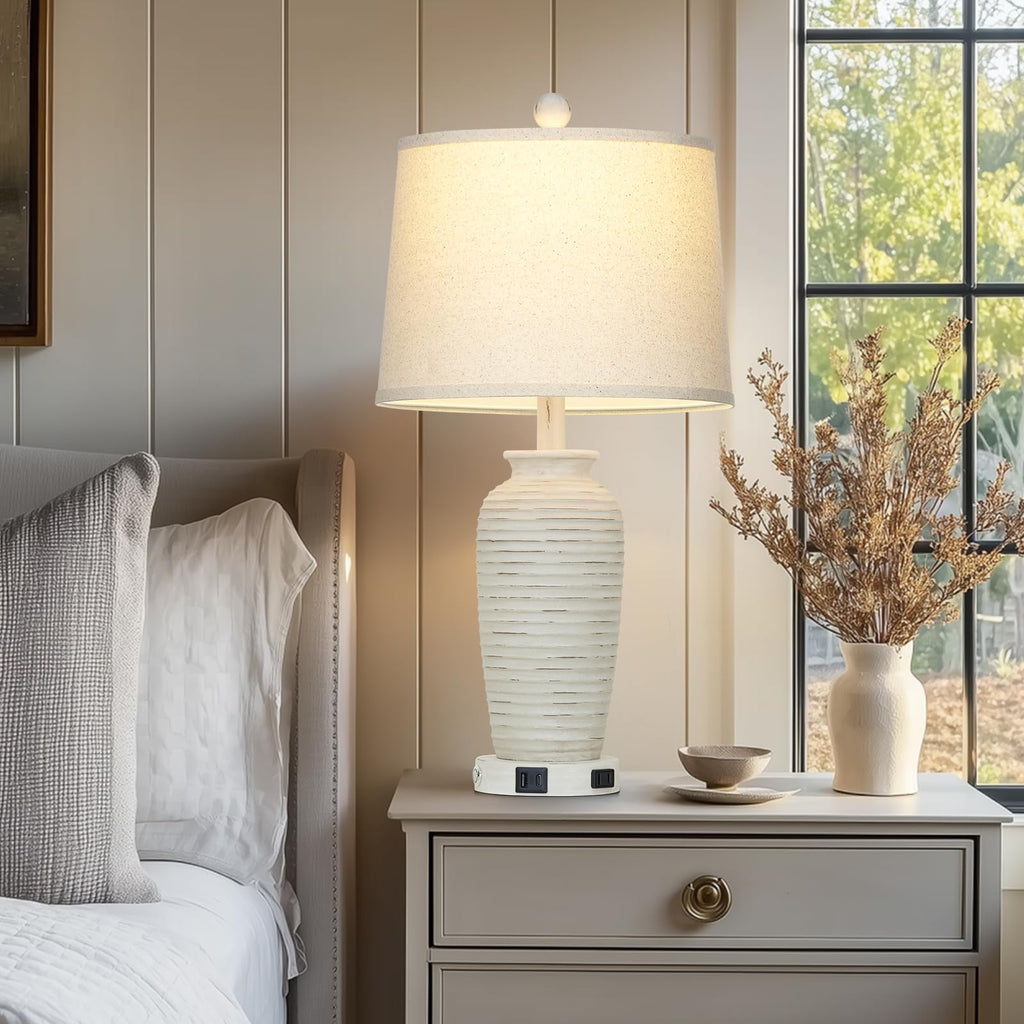 25" Retro White Farmhouse Jar Table Lamps Set of 2, 3 Way Touch Control Rustic Bedside Lamps with USB A+C Ports & AC