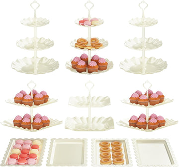 Cake Stand Set with 3 x Two-Tier and 3 x Three-Tier Cupcake Stands, Plastic Dessert Table Stand Set 3 Tired - Set of 10