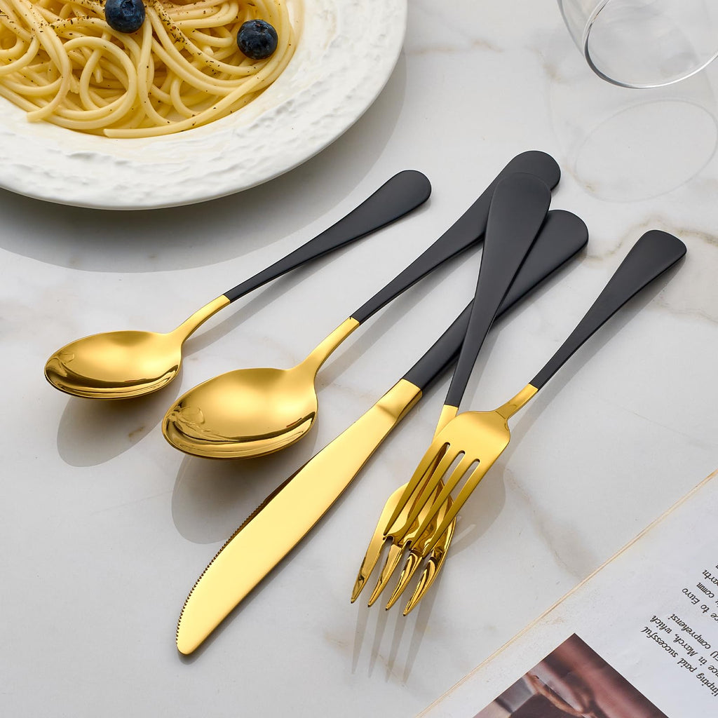 20-Piece Gold Silverware Set 18/0 Stainless Steel Flatware Black Handle Cutlery Set Service for 4 Dinner Knives Forks