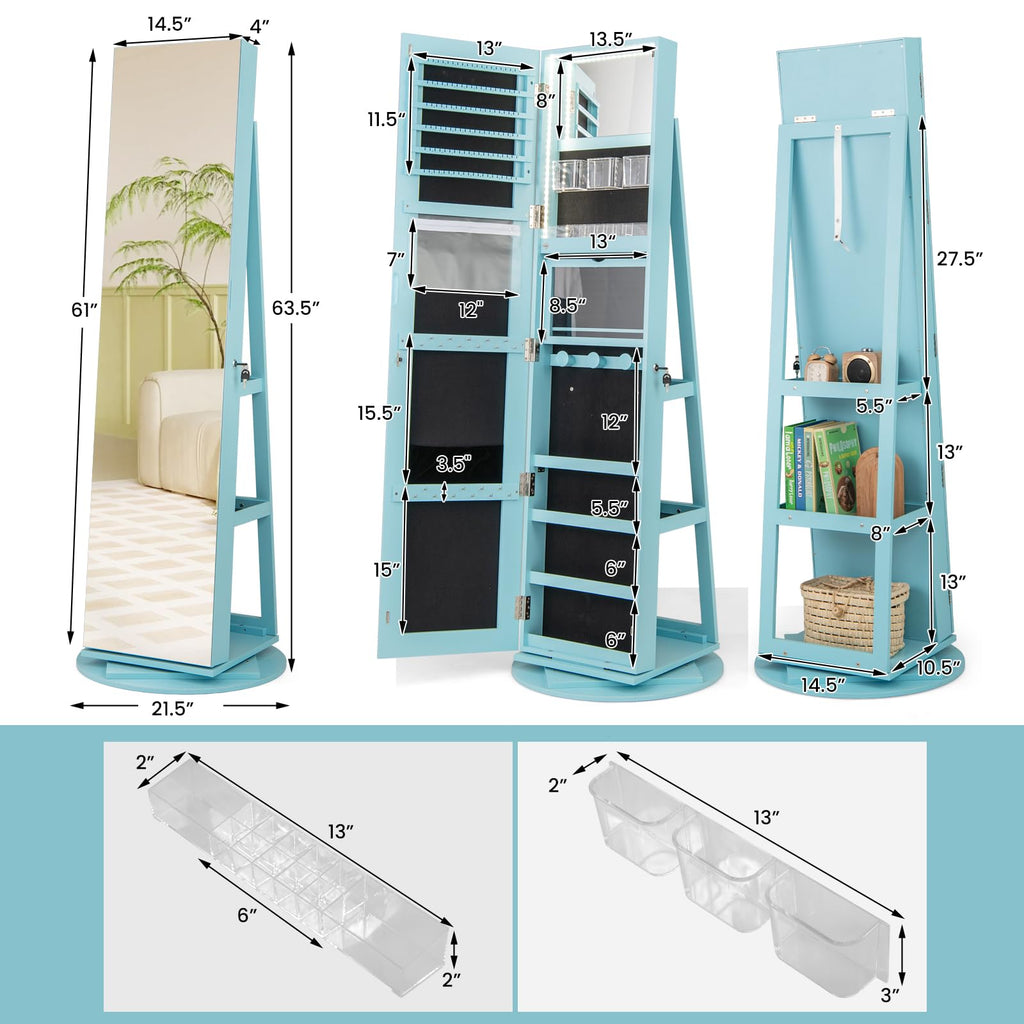 360° Rotating Jewelry Cabinet with Full-Length Mirror, Freestanding Jewelry Armoire with 3-Color LED Light and Back