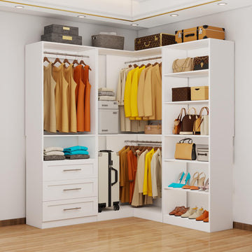Corner Closet System with 3 Drawers, Closet Organizer System with 6 Hanging Rods 7 Shelves Walk in Wooden Modular