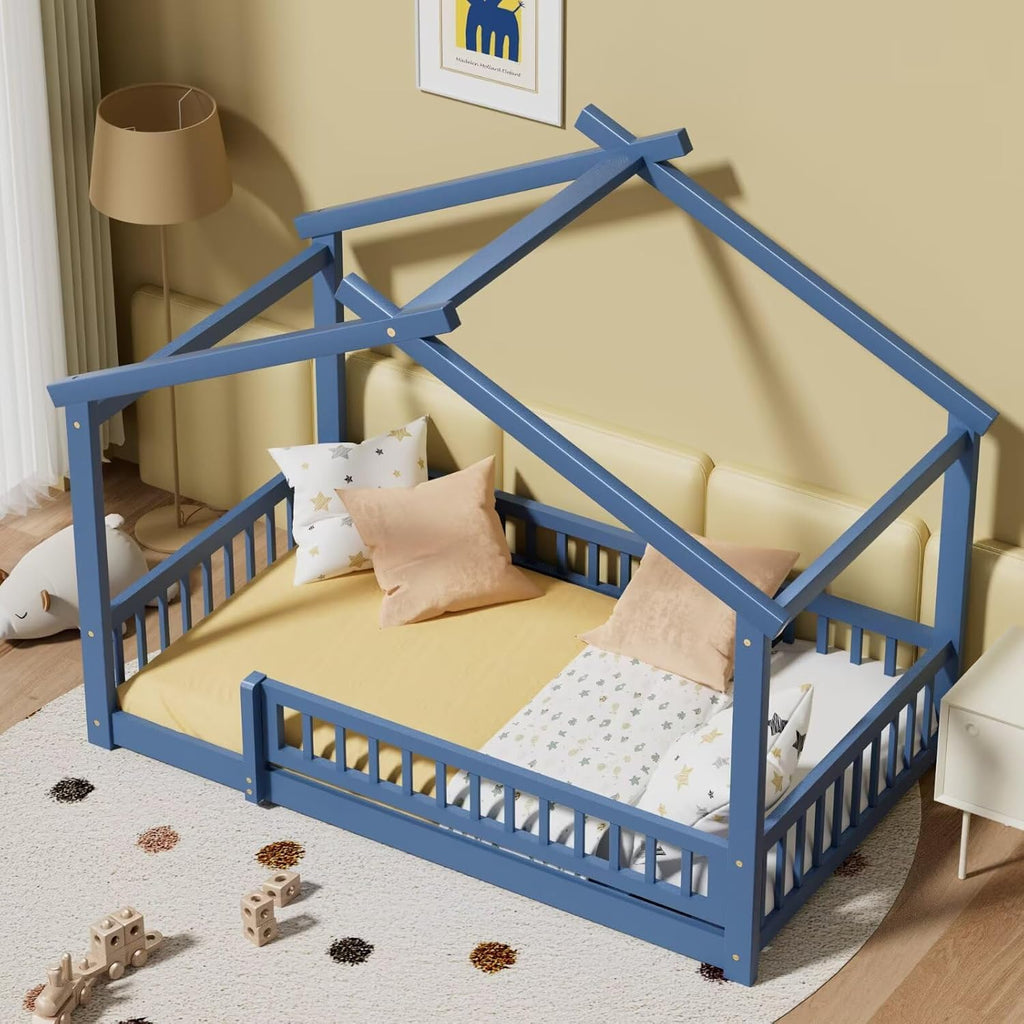 House‐Style Floor Bed Frame with Guardrail Fence, Solid Wood Montessori‐Inspired Bed with Wood Slat Support