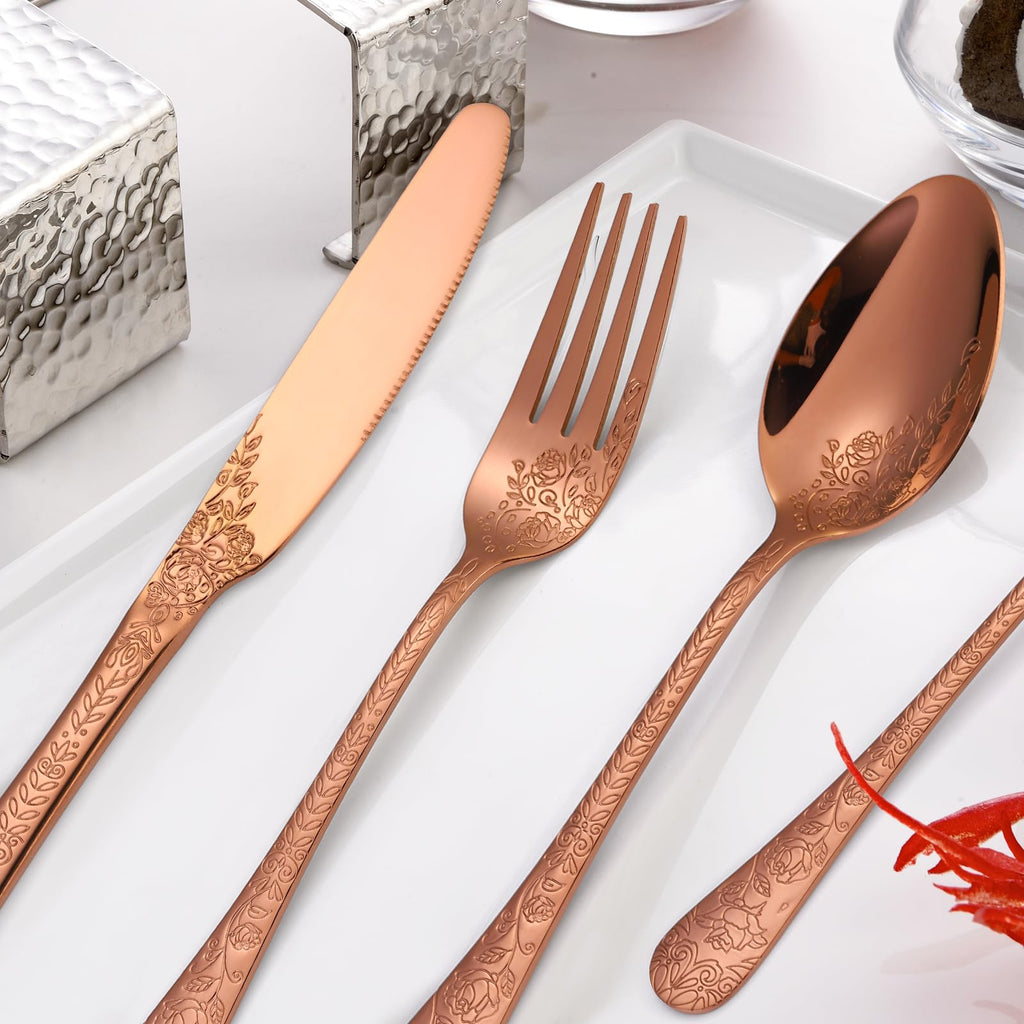 Vintage Flatware Copper/Rose Gold Floral Silverware 30 Piece Stainless Steel Set for 6 Cutlery Utensils Unique