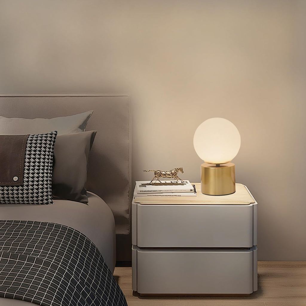9.3 Ins Modern Gold Globe Table Lamp, Round Bedside Nightstand Lamp with White Glass Shade Metal Base Desk Lamp
