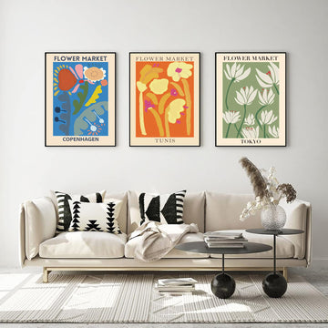 Flower Market Canvas Prints Set Botanical Wall Decor Colorful Floral Pictures Decor Flower Market Copenhagen Tokyo