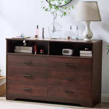 Cherry Wood Dresser , TV Stand with Charging Station & LED Light | 6 Drawer Dresser, Spacious Drawer Storage
