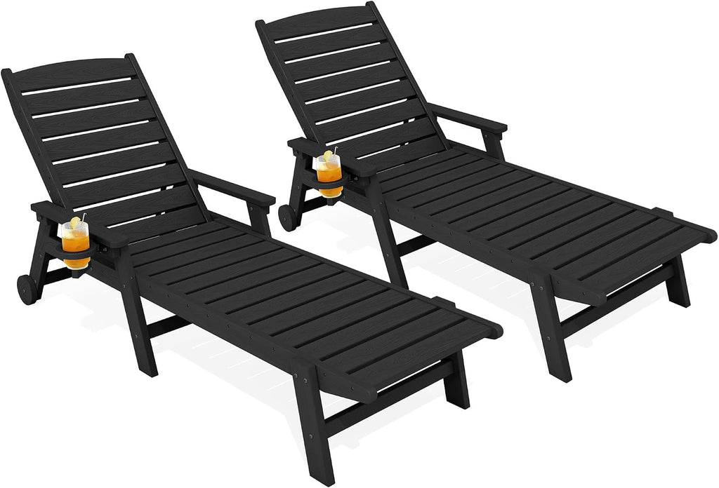 HDPE Lounge Chair Outdoor Set of 2, All Weather Pool Lounger | 5 Position Adjustable Backrest Patio Chaise Lounge