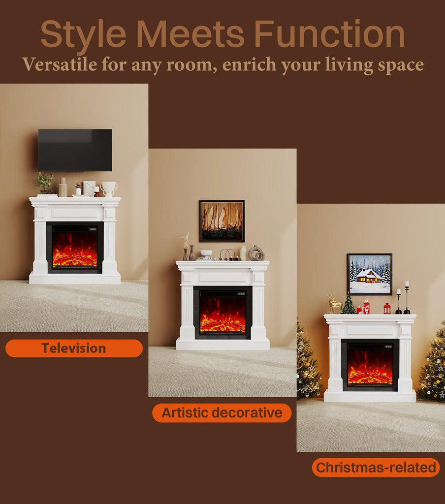 35" White Electric Fireplace with Mantel, TV Stand, with 18" Fireplace Heater
