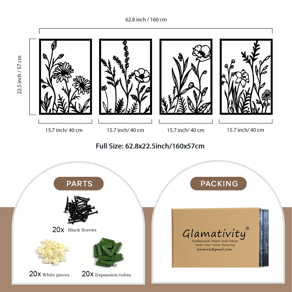 4 Pcs Black Abstract Flowers Metal Wall Art, Minimalist Floral Single Line Wall Décor, 3D Textured Sculptures