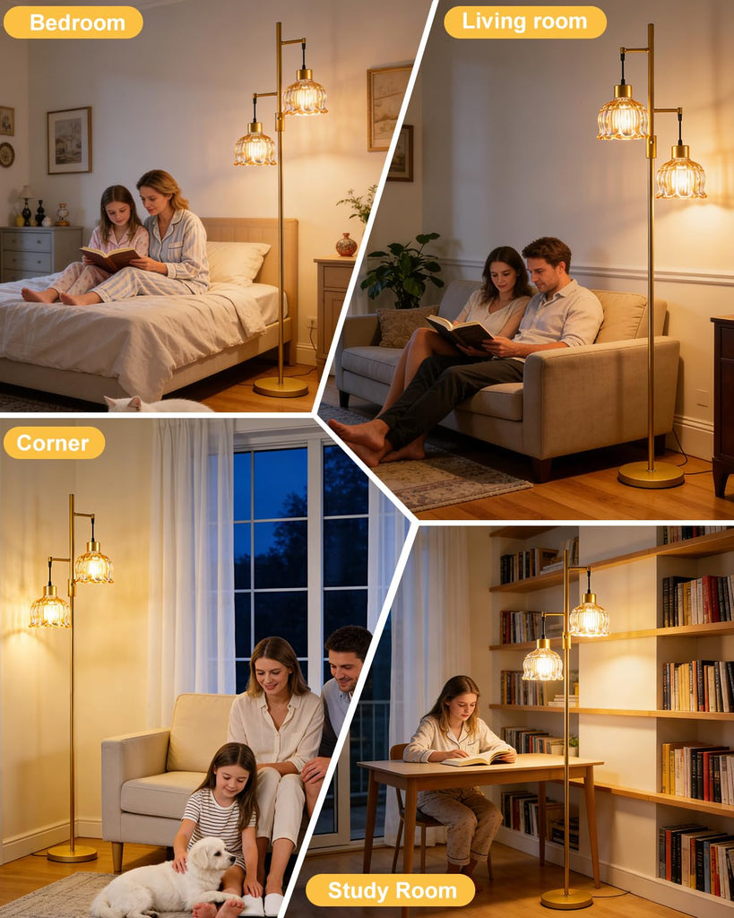 Amber Flower Glass Floor Lamp 2-Light Dimmable Gold Tall Lamps
