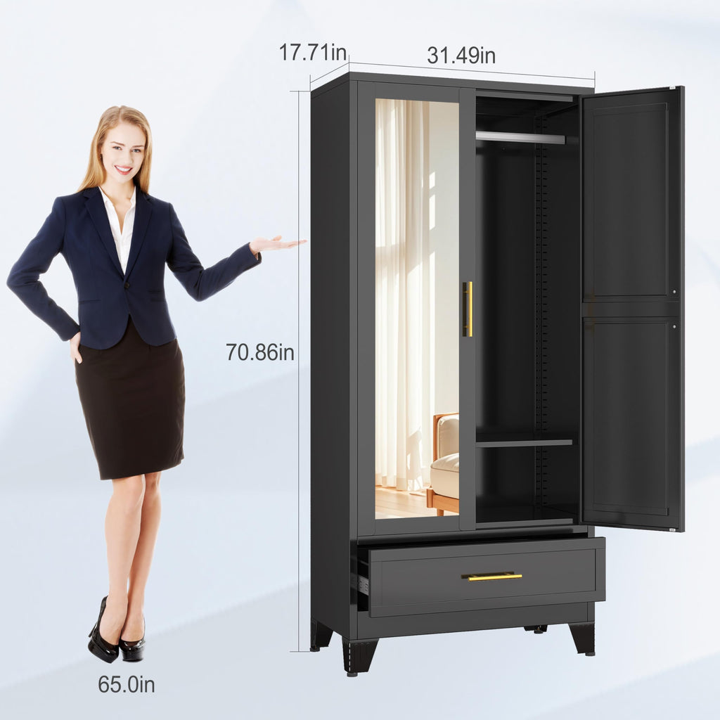 71" H Metal Armoire Wardrobe Closet with Mirror,Household Steel Wardrobe Cabinet with Drawers,Clothing Storage