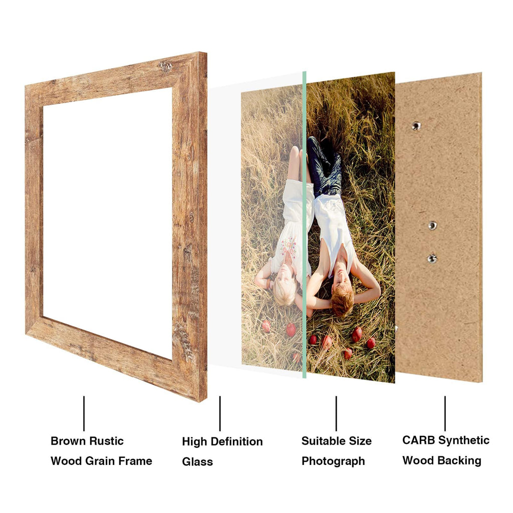 8x10 Picture Frame Set of 4, High Definition Real Glass Rustic Brown Frame, 8 x 10 Wood Photo Frames for Desktop
