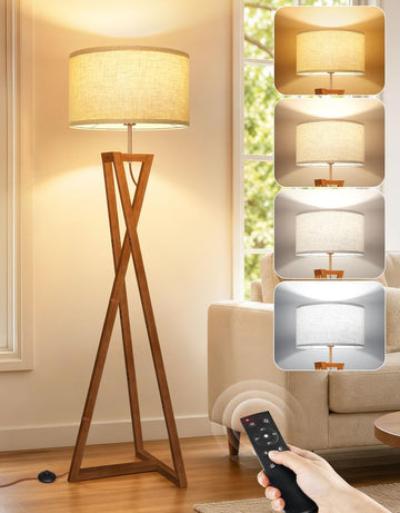 62" Wood Tripod Floor Lamp, Dimmable Mid Century Modern Vintage Lamps with Remote Control, 4 Color Temperature, LED