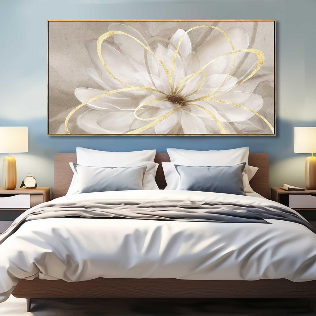 Large Framed Gold And White Floral Wall Art, 29x58 In