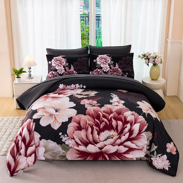 Black-Gray Floral Comforter Set Queen Size 7 Pieces Peony Bed in A Bag Ornate Elegant Botanical Flower Bedding Set