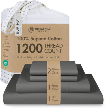 Luxury 100% Supima Cotton Sheets, Luxury 1200 Thread Count Cotton Sheets for Bed, 4 Pc Dark Grey Bed Sheets