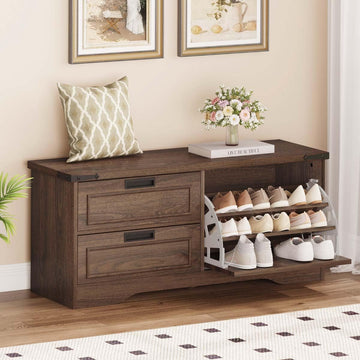 Bench with Shoe Storage, Wooden Shoe Benches with Flip Door and Drawers, Entry Way Shoes Organizer Cabinet Mudroom