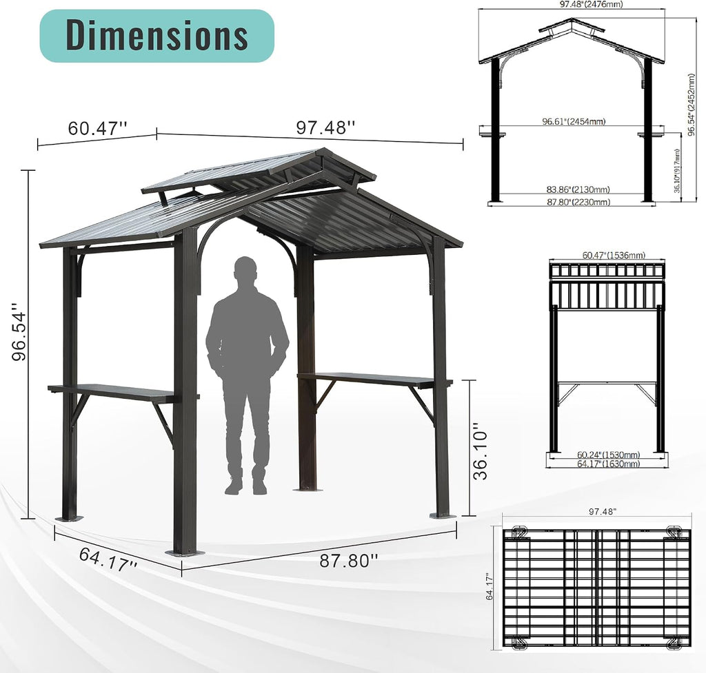 8x5FT Hardtop Grill Gazebo, Outdoor BBQ Gazebo with 2 Side Shelves and Ceiling Hook