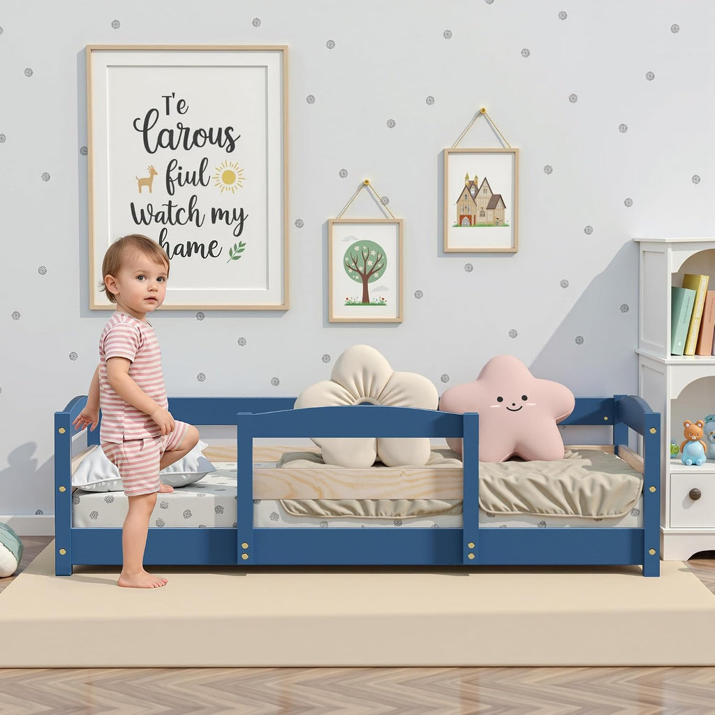 Standard Crib Size Toddler Bed, Wooden Low Montessori Floor Bed Frame with 2 Enters and Safe Guardrails for Boys and
