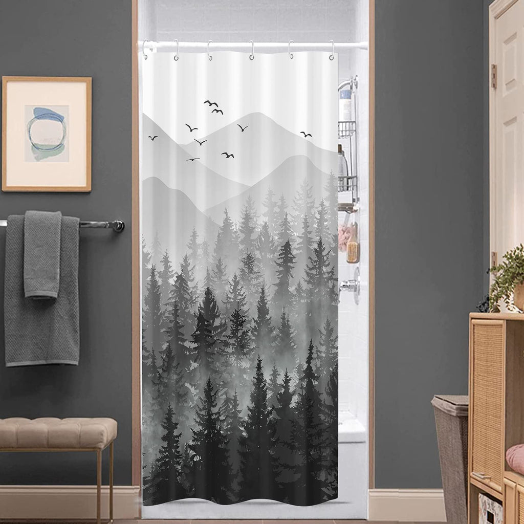 Stall Small Black and White Misty Forest Shower Curtain Ombre Gray Grey Mountain Pine Tree Waterproof Fabric Shower