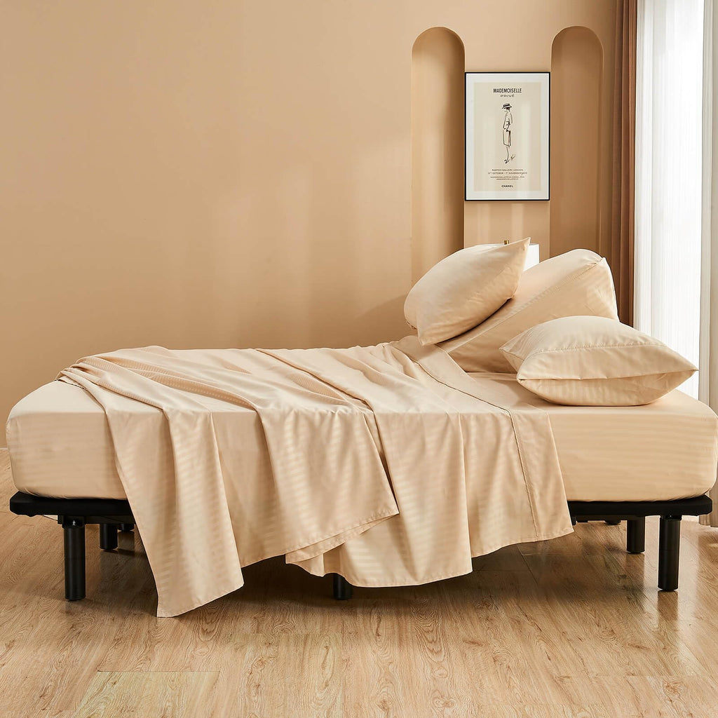 Striped Split Top Cal King Sheets Sets for Adjustable Bed Beige