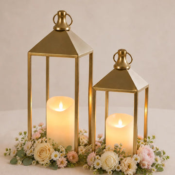 Decorative Candle Lanterns Indoor, 2 Pcs Gold Metal Lanterns with Candles