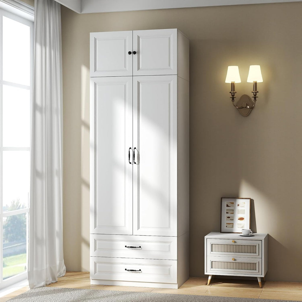 Armoire Wardrobe Closet with Drawers: 31.5" Large Wood Wardrobe Closet with 2 Doors and 2 Drawers, Modern Clothes