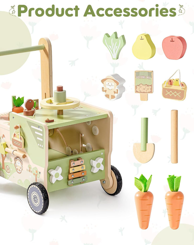 Wooden Baby Walker Push Toy for Toddlers, Baby Push Walker with Wheels, Farm-Themed Activity Center for Girls & Boys
