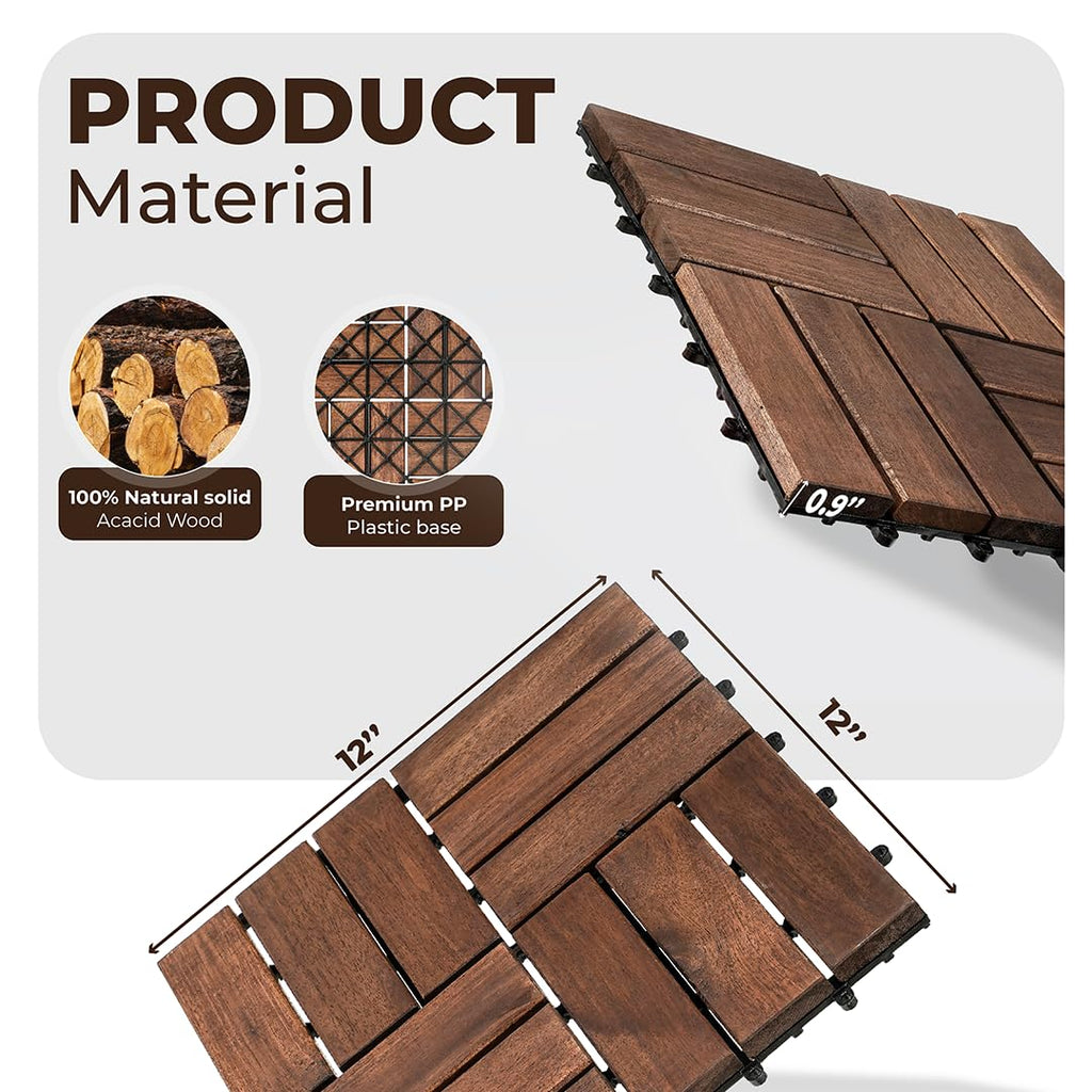 Premium Acacia Wood Interlocking Deck Tiles - Set of 9 pcs, 12"x12", Waterproof Outdoor Patio Flooring