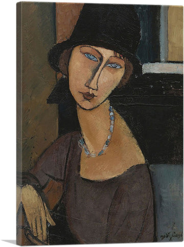 Jeanne Hebuterne with Hat 1917 Canvas Art Print Stretched Framed Painting Picture Poster Giclee Wall Decor by Amedeo