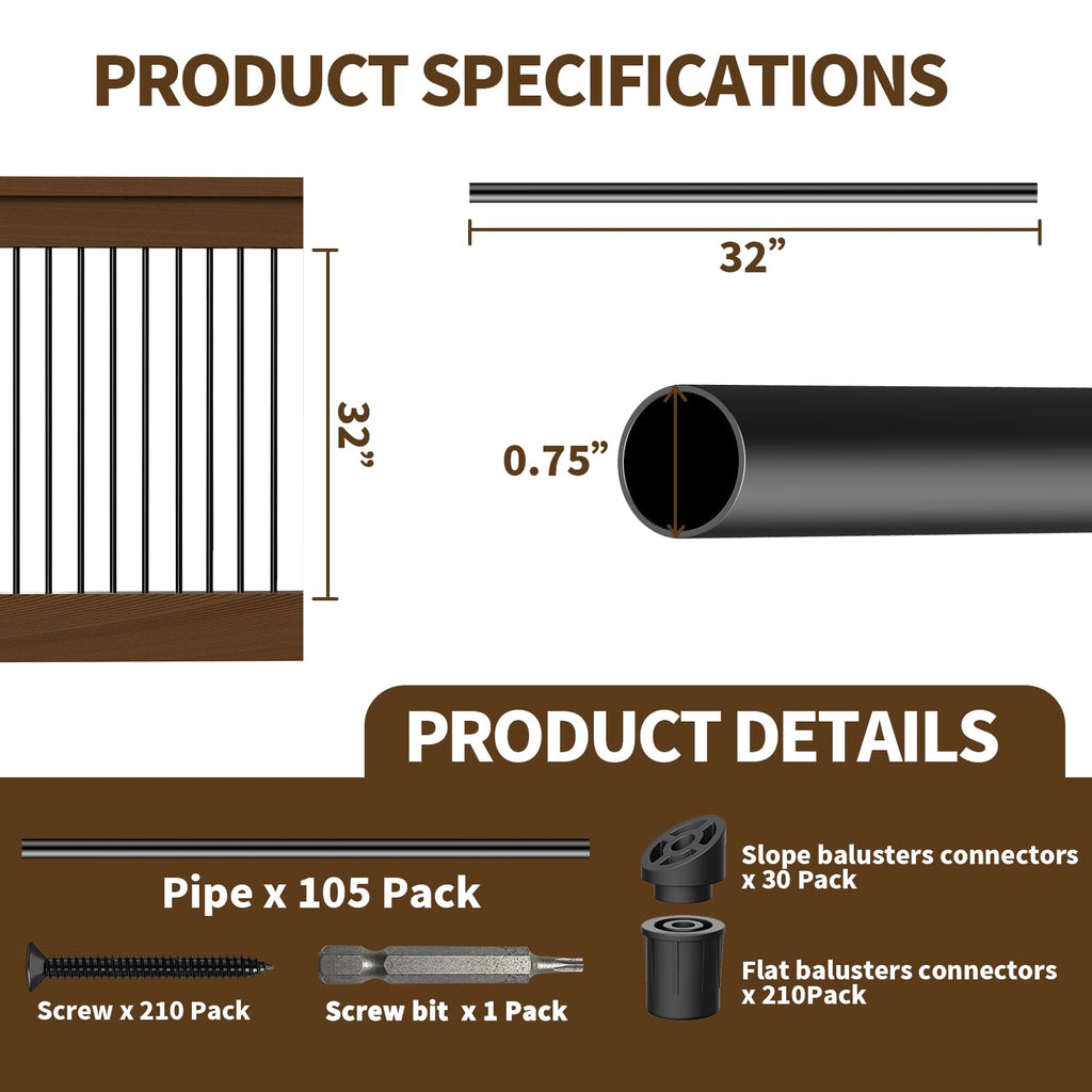 105 Pack 32" Aluminum Deck Balusters, 3/4" Round Deck Railing Spindles with Conectors and Screw, Hollow Metal Deck