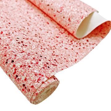 Mixed Red White Chunky Glitter Faux Leather Roll, 52" x 12" inches, Sparkle Shiny Multicolor PU Canvas Fabric for