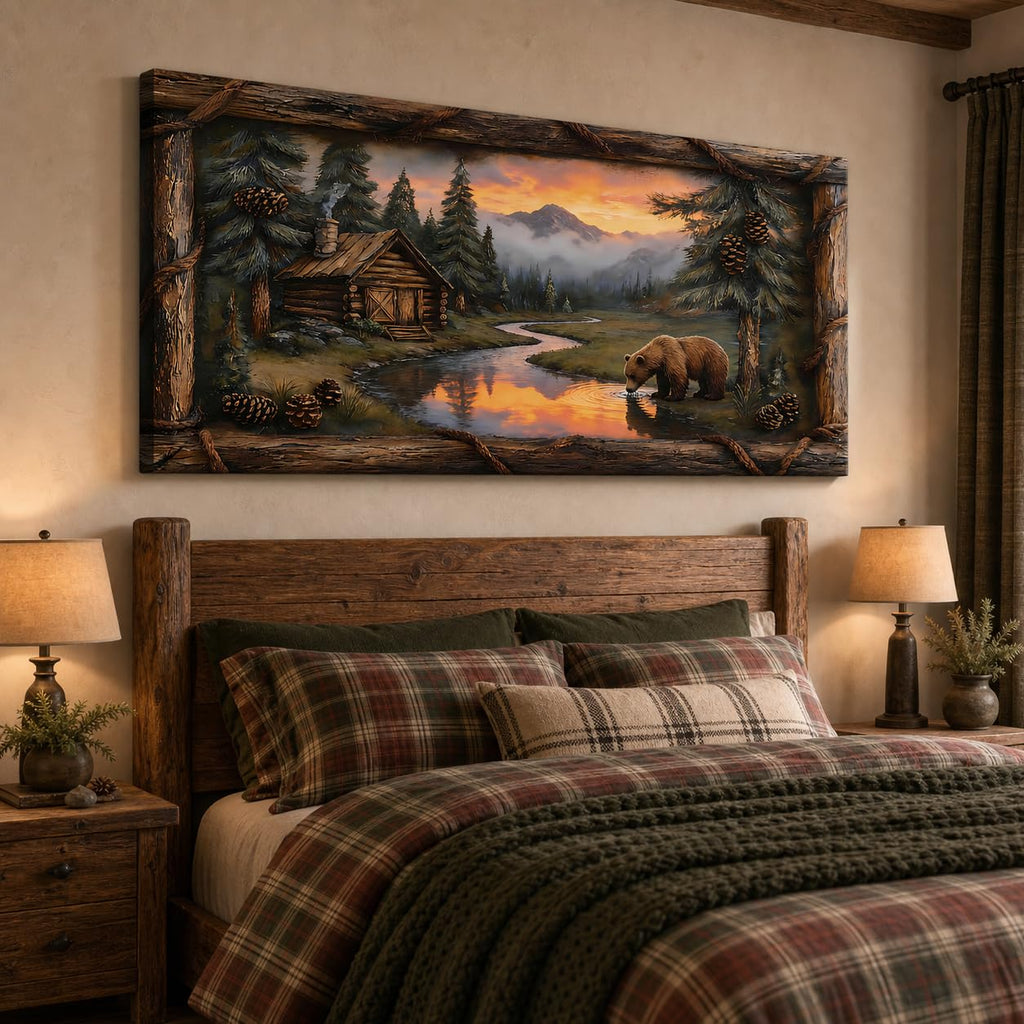 Extra Large Cabin Wall Art, Bear Lake Sunset Canvas Wall Decor with Faux Rustic Border, Mountain Lodge Wildlife