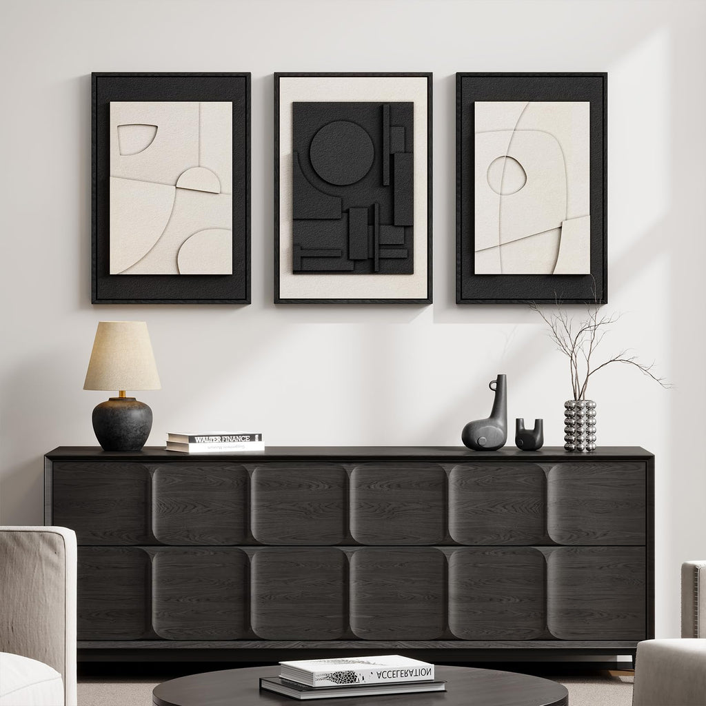 3D Textured Framed Black and White Abstract Wall Art Set of 3, 16x24 In